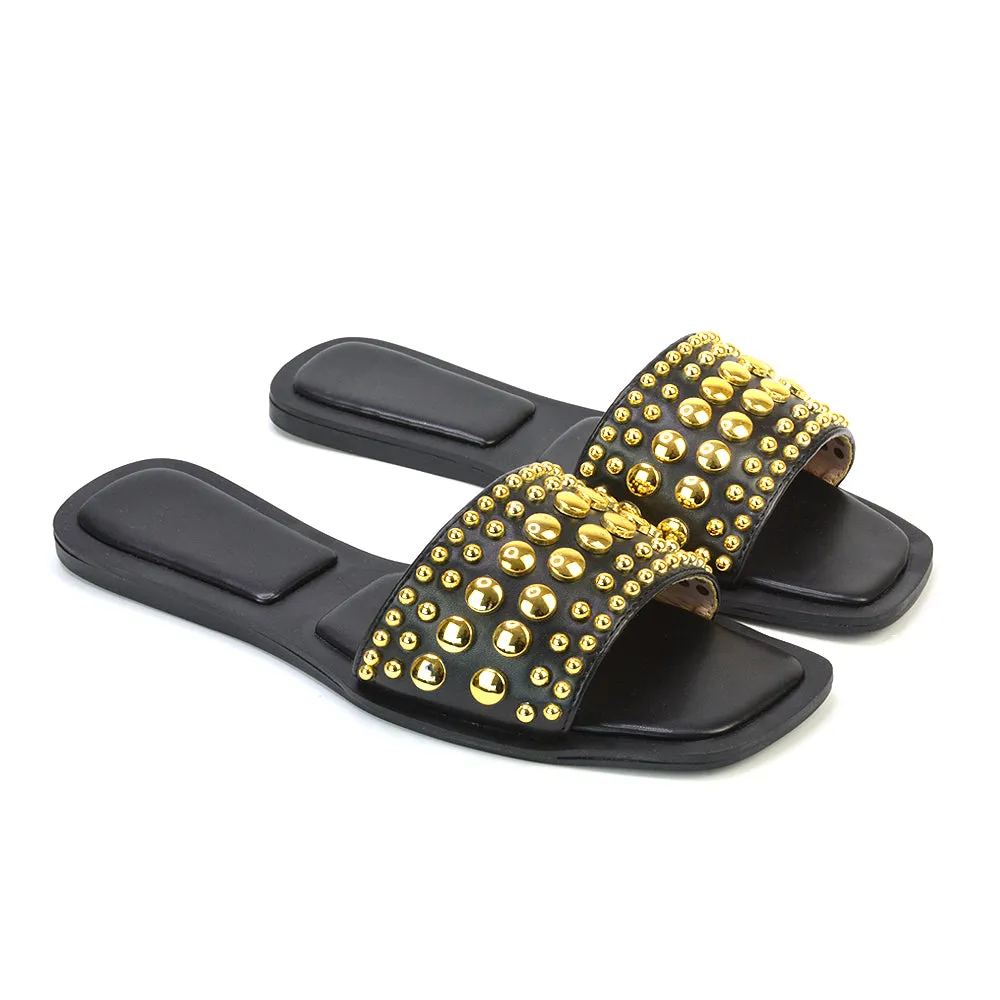 Elodie Studded Flat Heel Slide Sandals With Square Toe in White