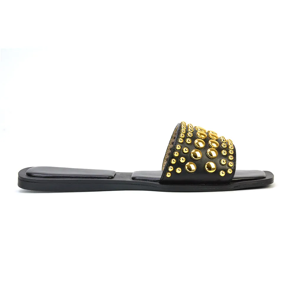 Elodie Studded Flat Heel Slide Sandals With Square Toe in White