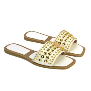 Elodie Studded Flat Heel Slide Sandals With Square Toe in White