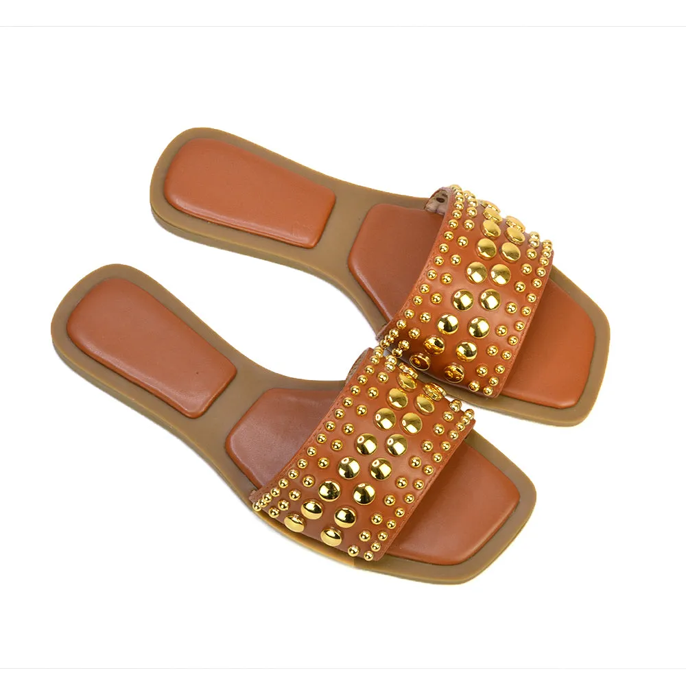 Elodie Studded Flat Heel Slide Sandals With Square Toe in White