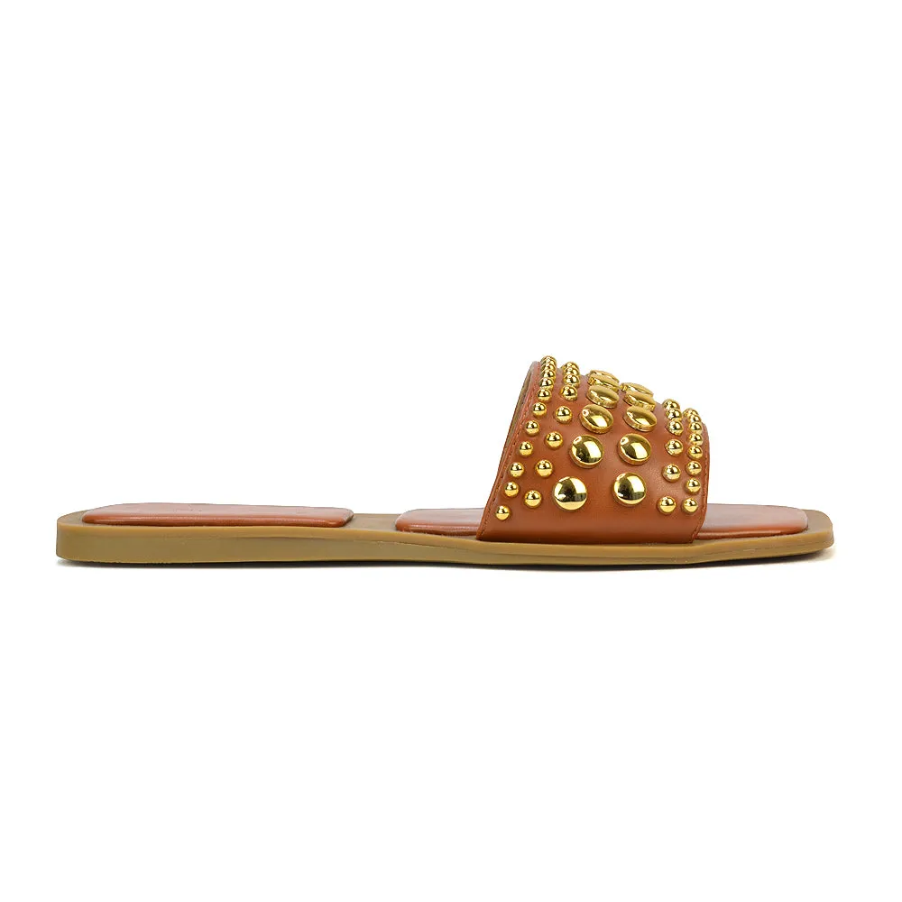 Elodie Studded Flat Heel Slide Sandals With Square Toe in White