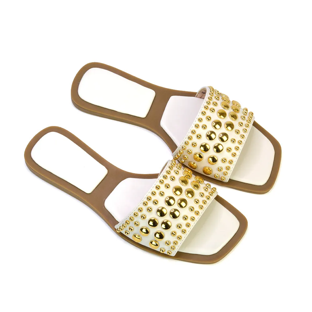 Elodie Studded Flat Heel Slide Sandals With Square Toe in White