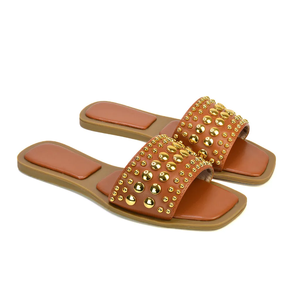 Elodie Studded Flat Heel Slide Sandals With Square Toe in White