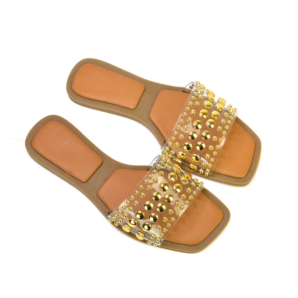 Elodie Studded Flat Heel Slide Sandals With Square Toe in White