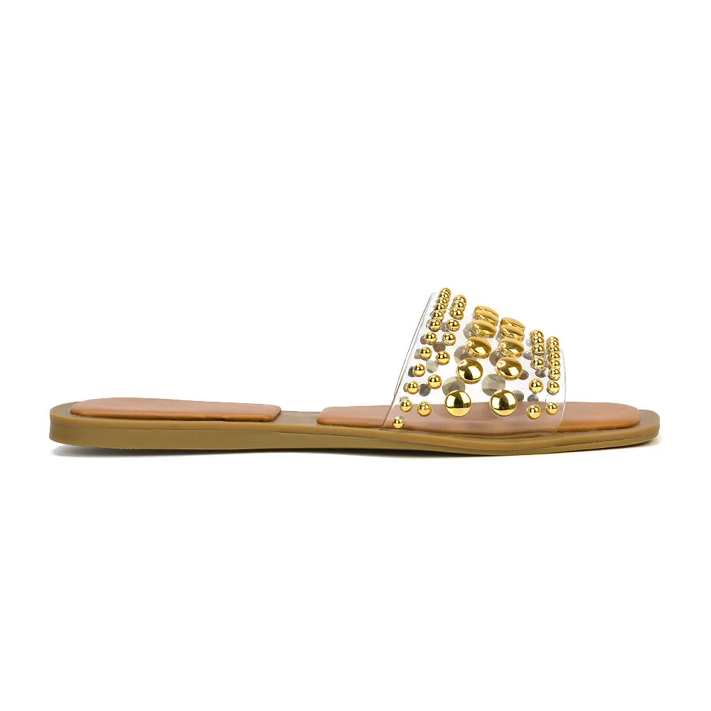 Elodie Studded Flat Heel Slide Sandals With Square Toe in White