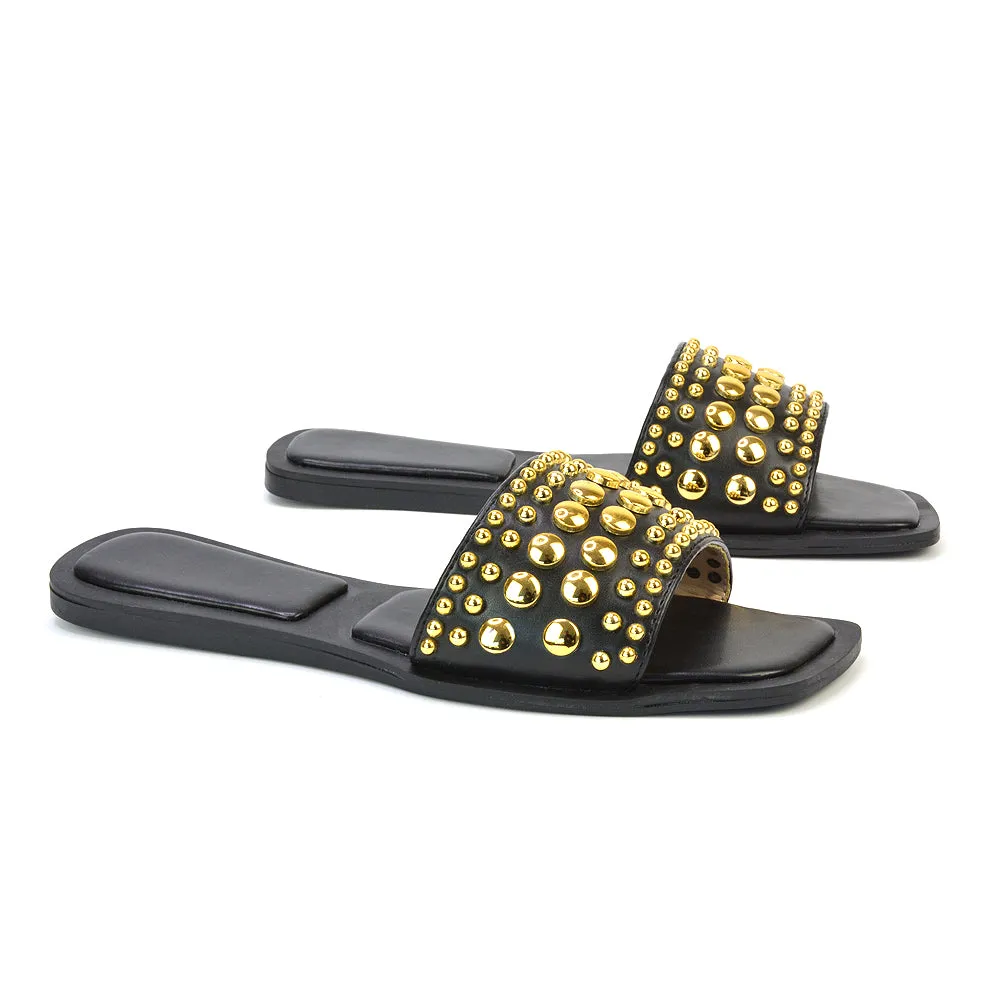 Elodie Studded Flat Heel Slide Sandals With Square Toe in White