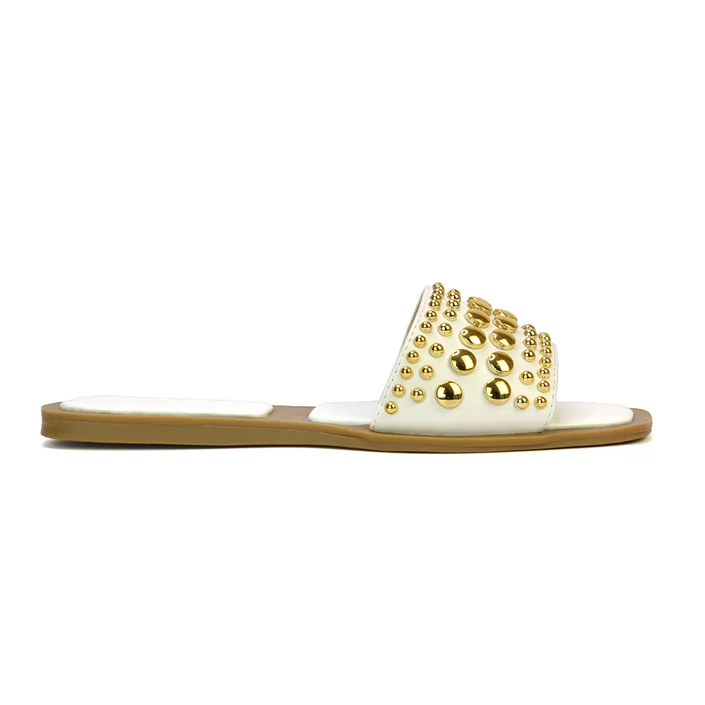 Elodie Studded Flat Heel Slide Sandals With Square Toe in White