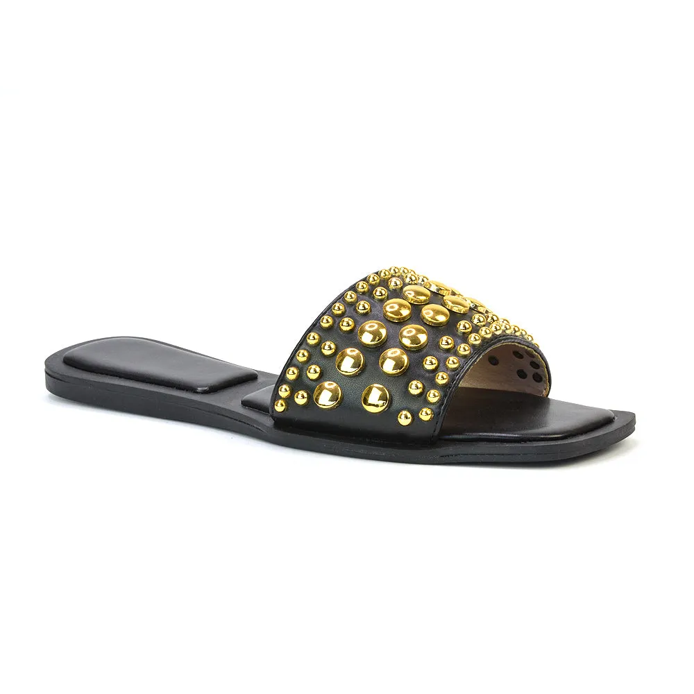 Elodie Studded Flat Heel Slide Sandals With Square Toe in White
