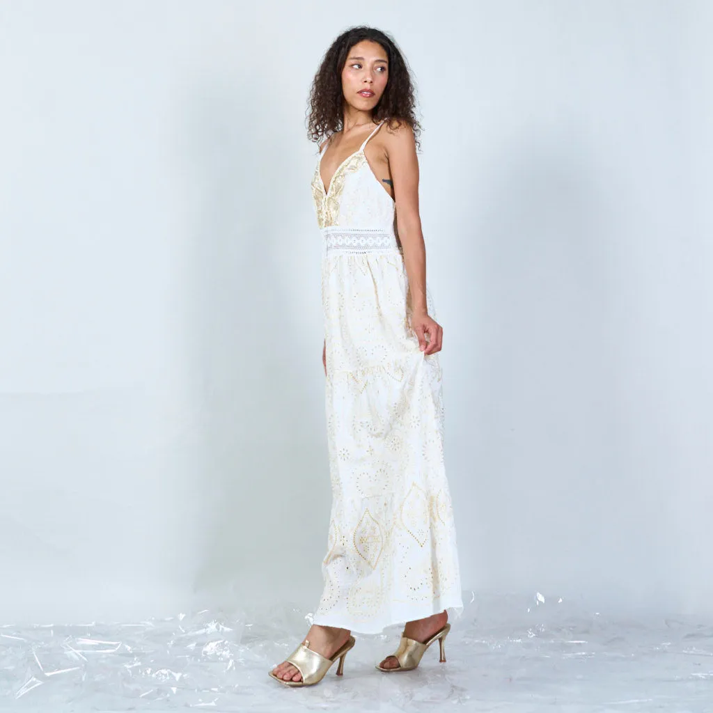 Embroidered maxi dress with lace trim wholesale