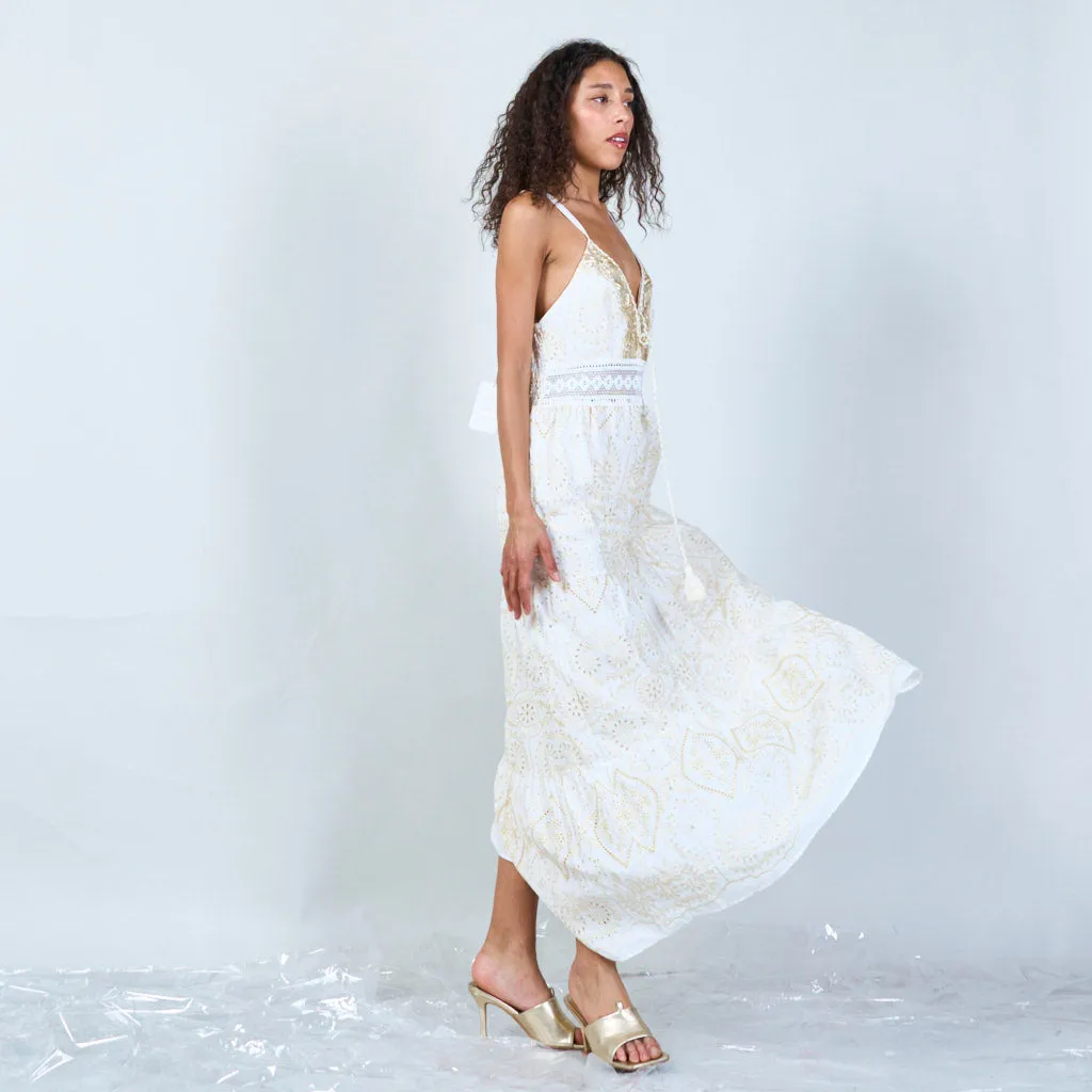 Embroidered maxi dress with lace trim wholesale