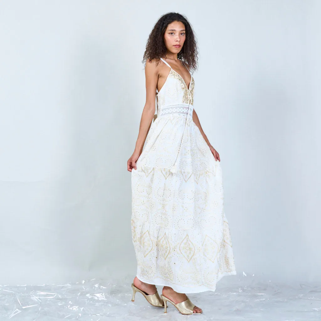 Embroidered maxi dress with lace trim wholesale