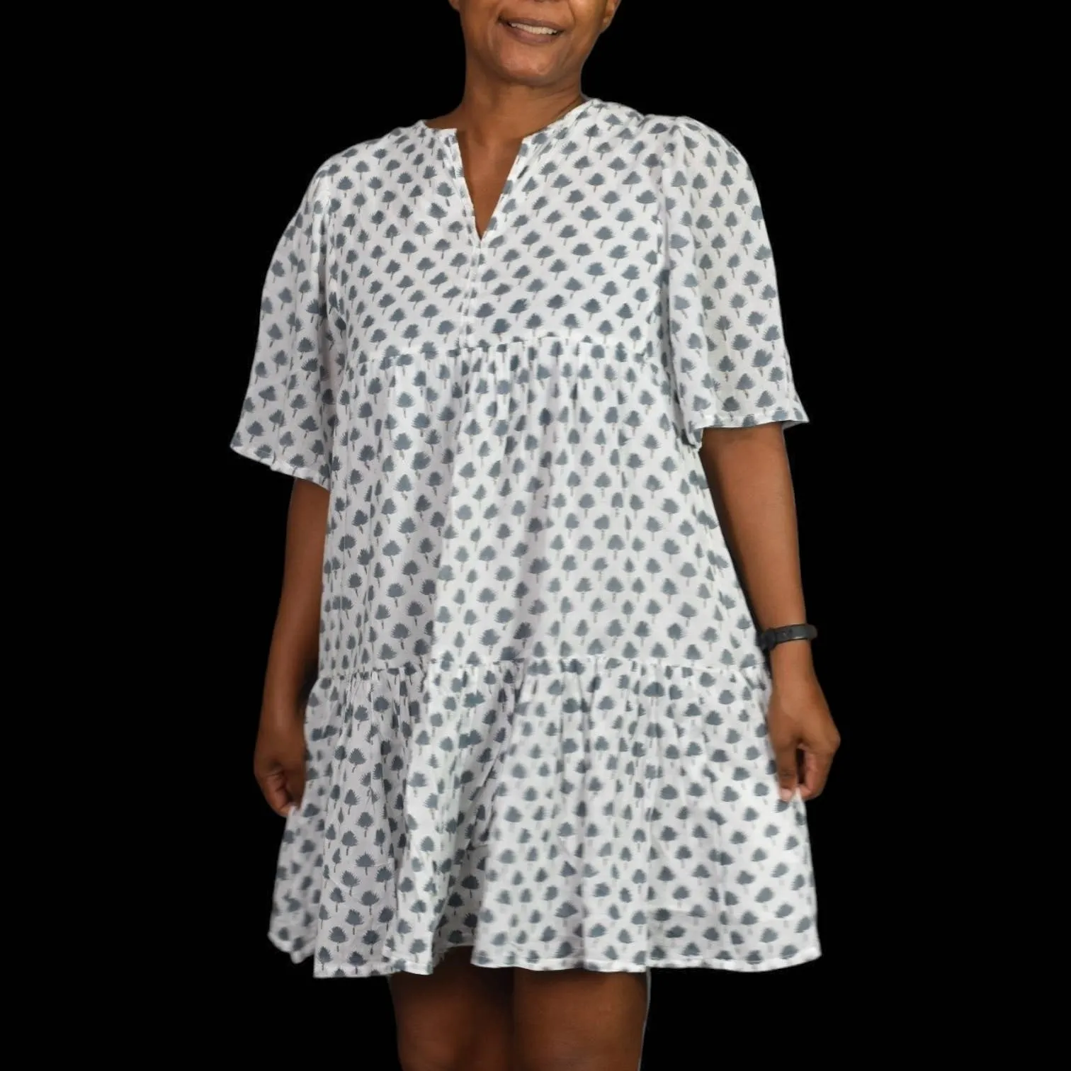 Emerson Fry Isla Mini Dress White India Collection Tiered Swingy Babydoll Cotton Hand Block Size Small