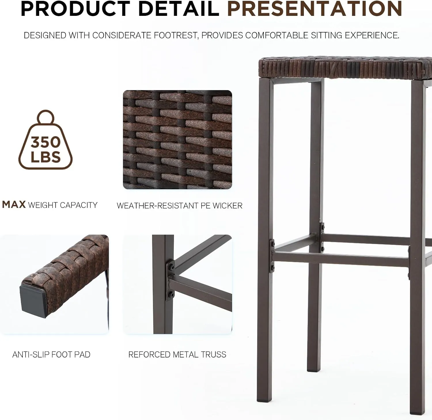 Homrest 3 Pcs Outdoor Tiki Bar Set w/2 Height Stools, Storage Shelf, Canopy, Brown