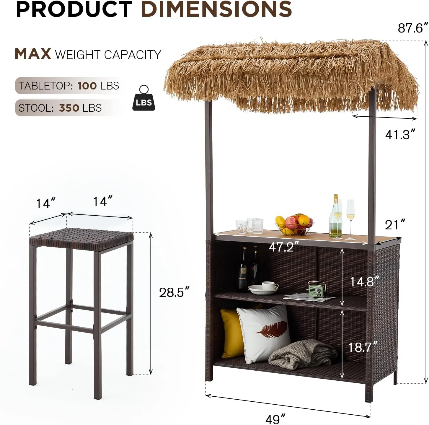 Homrest 3 Pcs Outdoor Tiki Bar Set w/2 Height Stools, Storage Shelf, Canopy, Brown