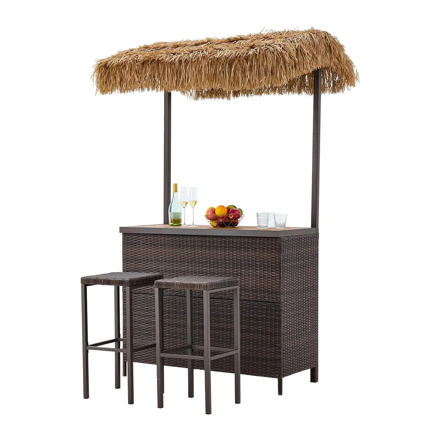 Homrest 3 Pcs Outdoor Tiki Bar Set w/2 Height Stools, Storage Shelf, Canopy, Brown