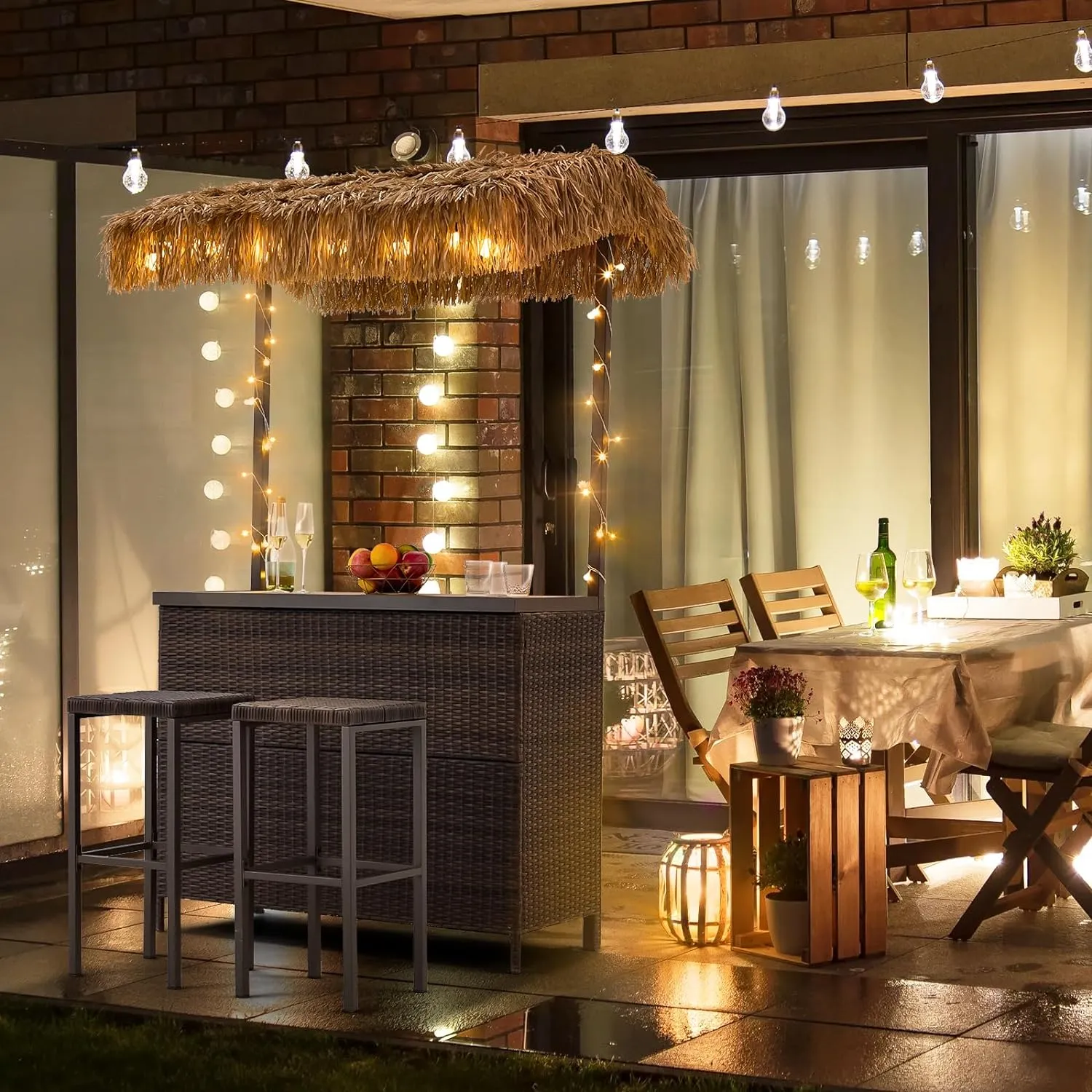 Homrest 3 Pcs Outdoor Tiki Bar Set w/2 Height Stools, Storage Shelf, Canopy, Brown