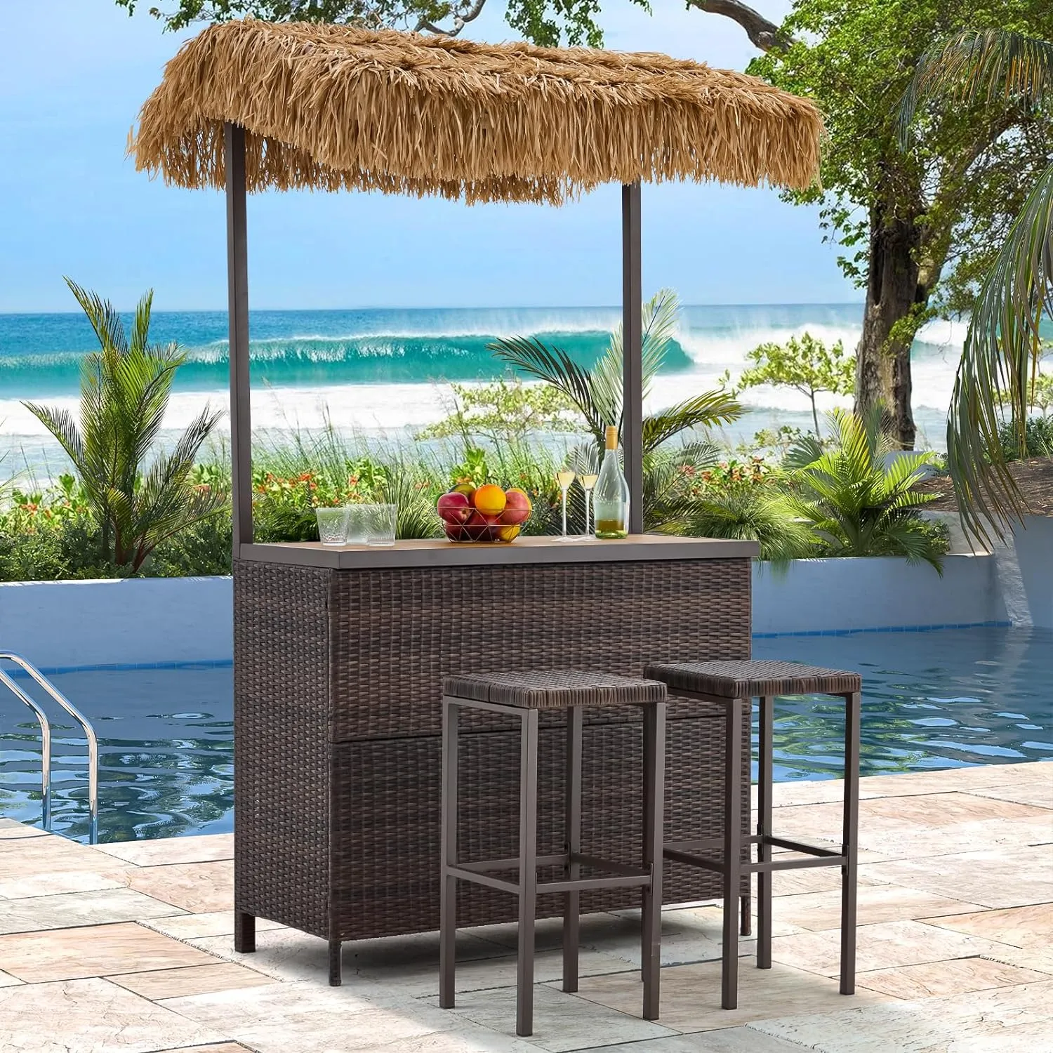 Homrest 3 Pcs Outdoor Tiki Bar Set w/2 Height Stools, Storage Shelf, Canopy, Brown