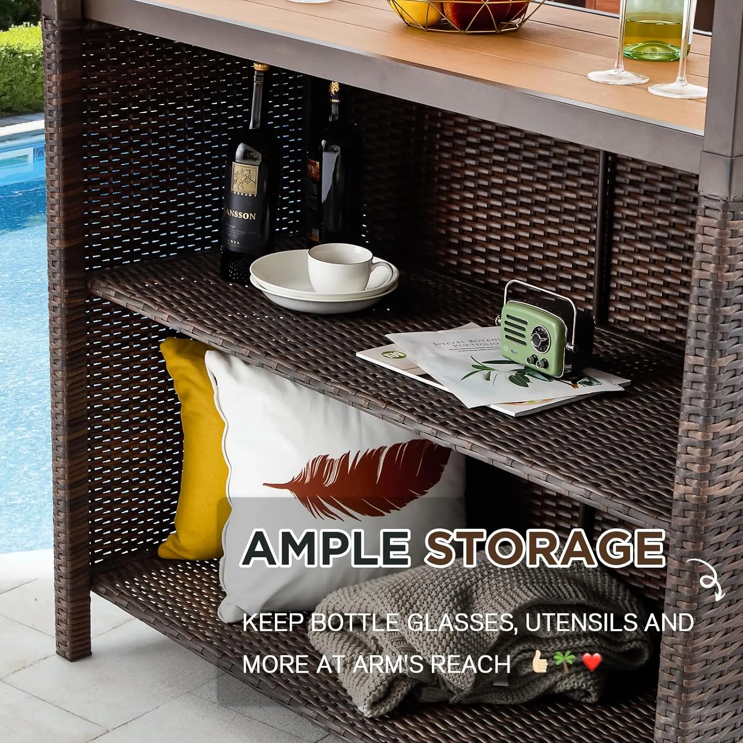 Homrest 3 Pcs Outdoor Tiki Bar Set w/2 Height Stools, Storage Shelf, Canopy, Brown