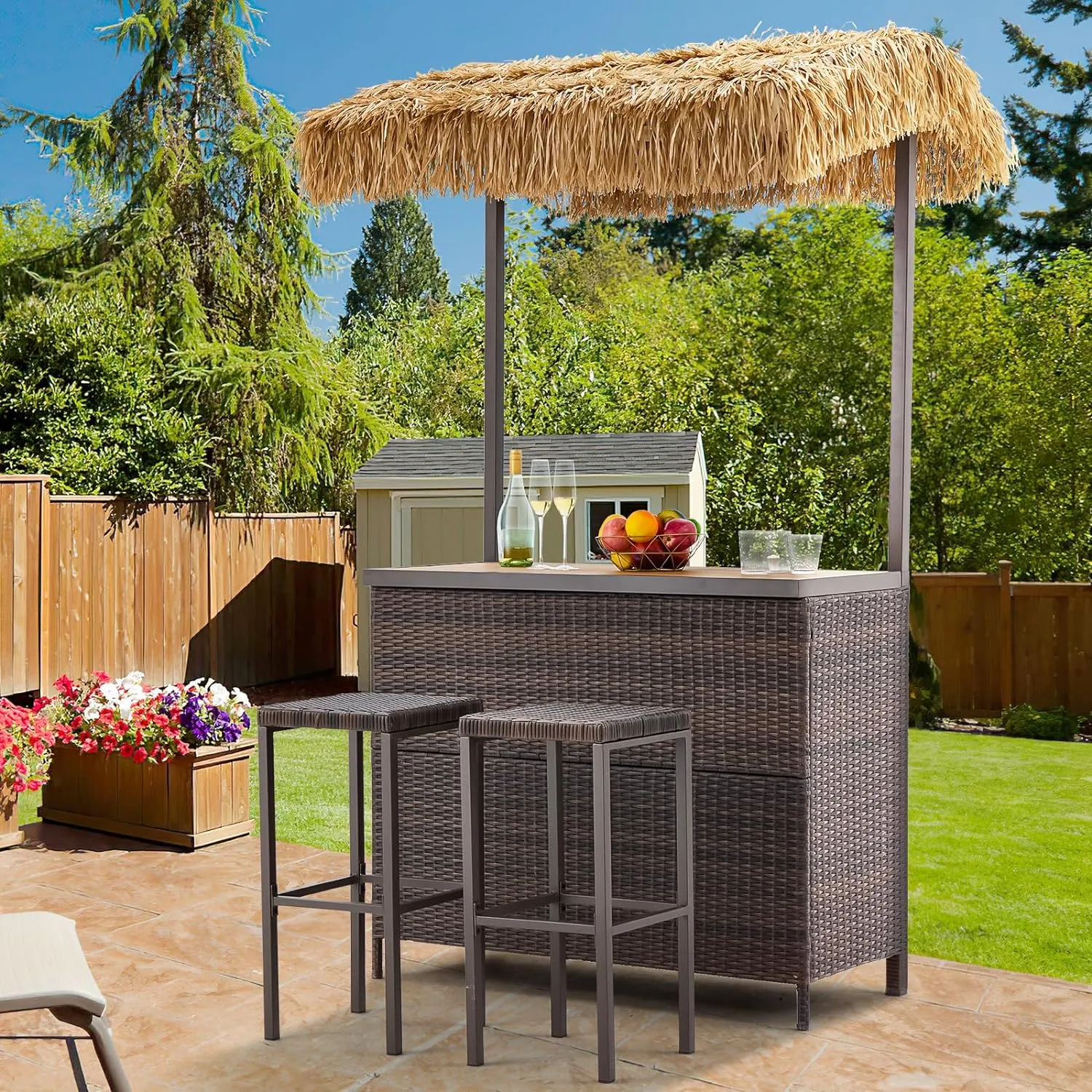 Homrest 3 Pcs Outdoor Tiki Bar Set w/2 Height Stools, Storage Shelf, Canopy, Brown