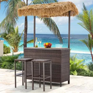 Homrest 3 Pcs Outdoor Tiki Bar Set w/2 Height Stools, Storage Shelf, Canopy, Brown