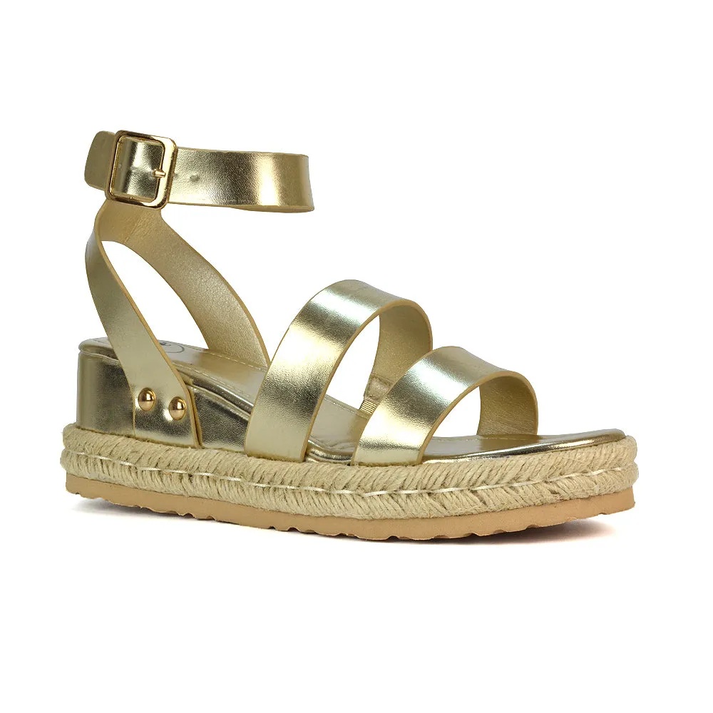 Jorja Platform Wedge Heel Sandals Espadrilles in Nude Synthetic Leather
