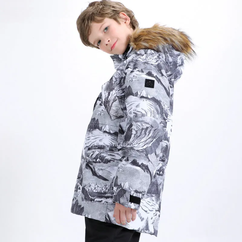 Kids Printed Hooded Snow Ski Insulated Jacket Fur Collar