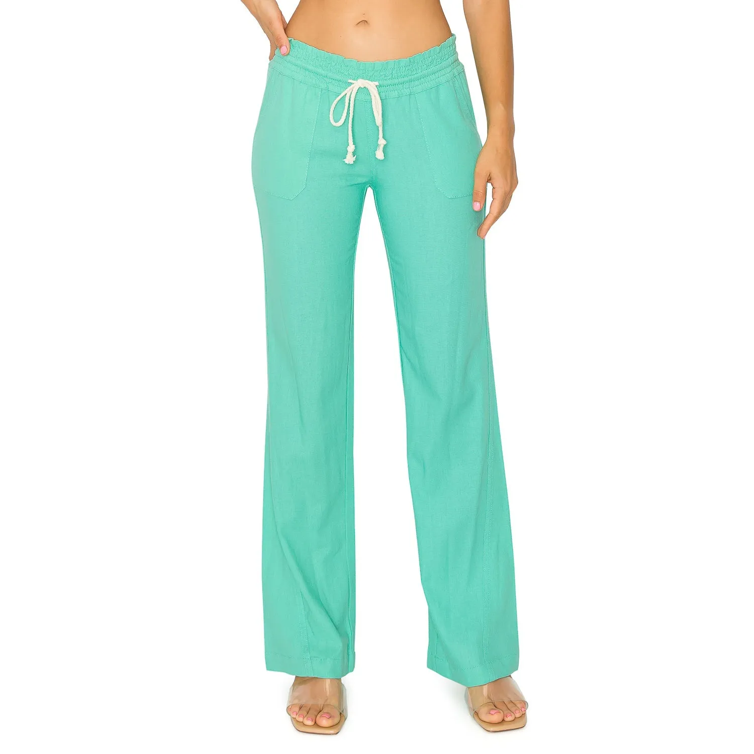 Linen Pants 32" Inseam Drawstring Smocked Waist Beach Pants - Aqua