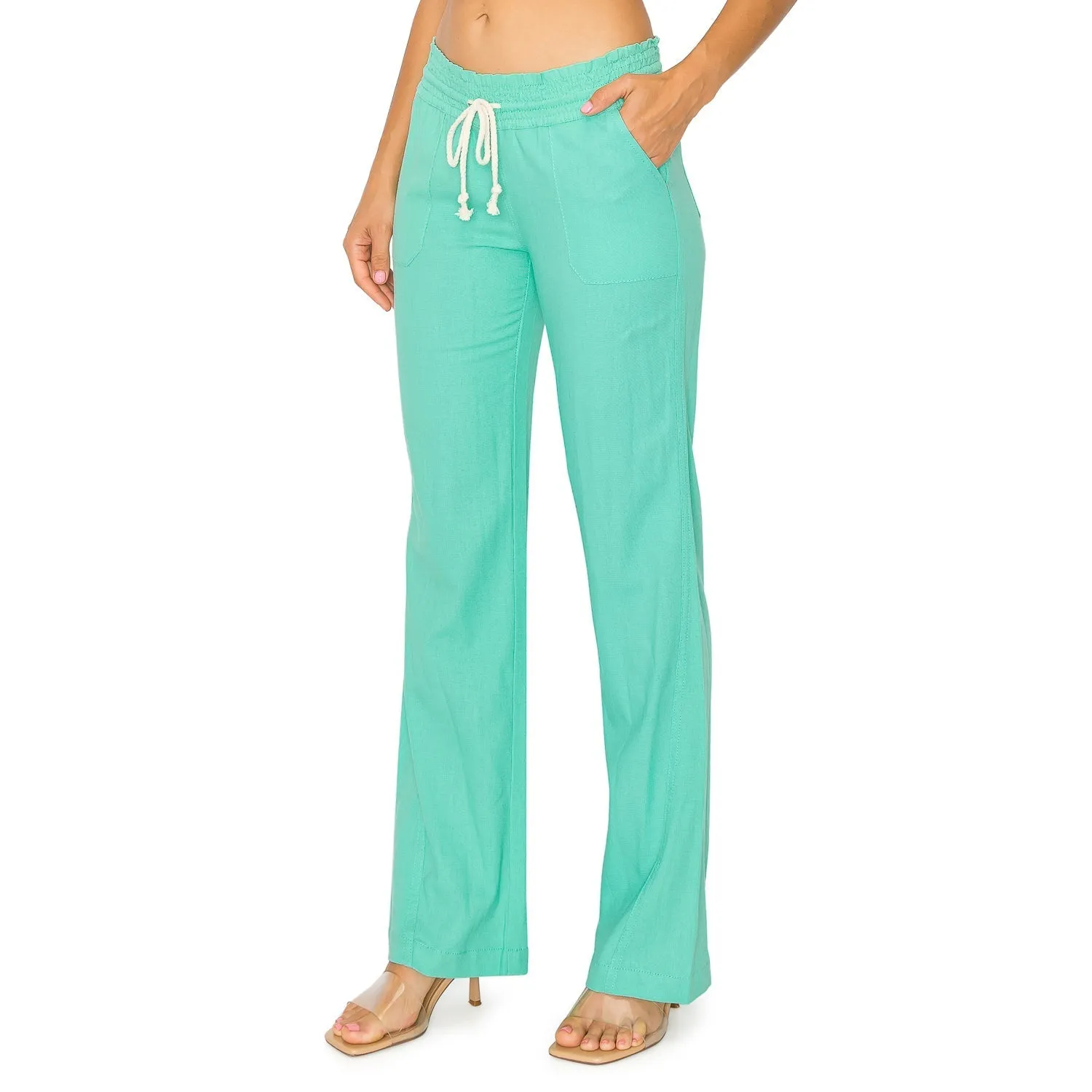 Linen Pants 32" Inseam Drawstring Smocked Waist Beach Pants - Aqua