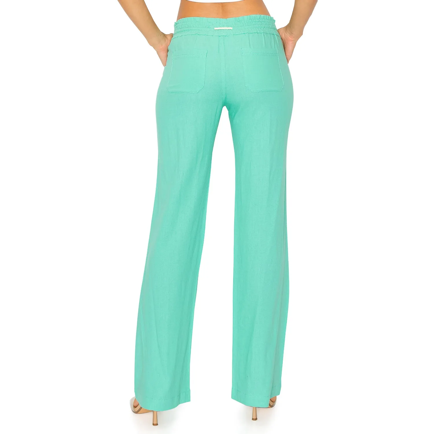 Linen Pants 32" Inseam Drawstring Smocked Waist Beach Pants - Aqua
