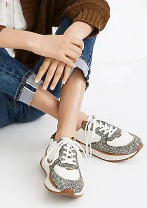 MADEWELL Women's white w/black spotted & black/tan spotted calf hair trim tan suede accent slight wedge, 10