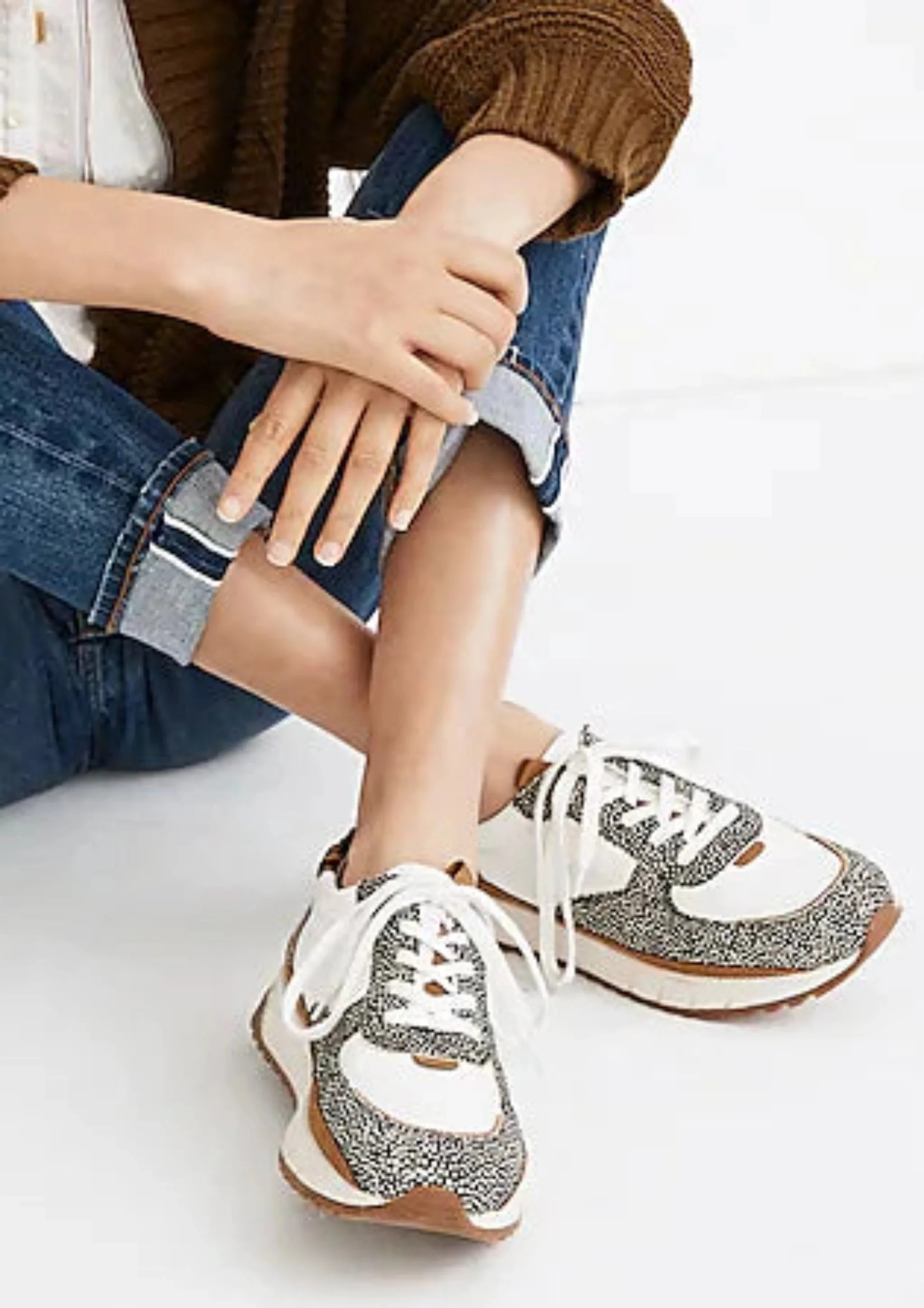 MADEWELL Women's white w/black spotted & black/tan spotted calf hair trim tan suede accent slight wedge, 10