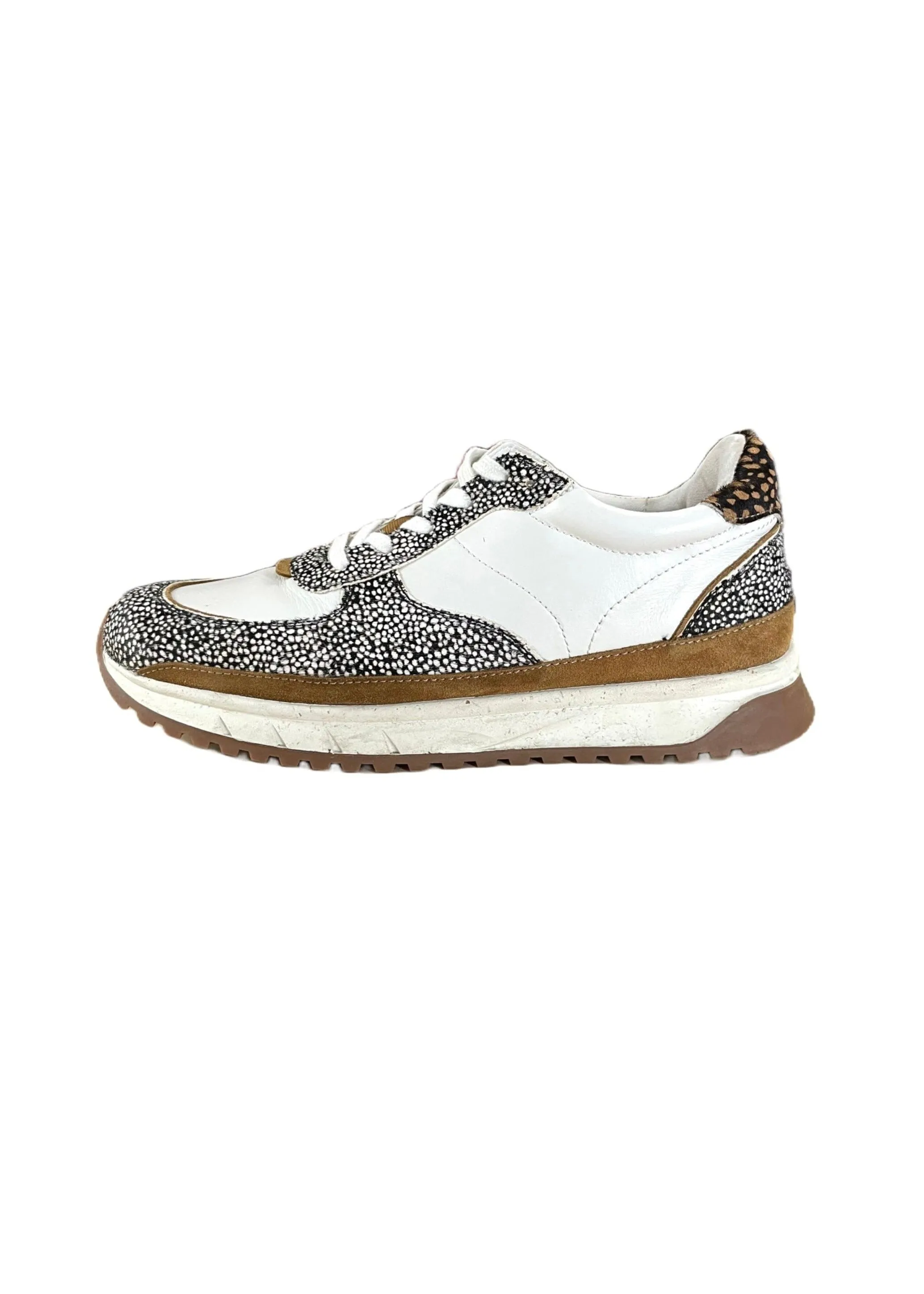 MADEWELL Women's white w/black spotted & black/tan spotted calf hair trim tan suede accent slight wedge, 10