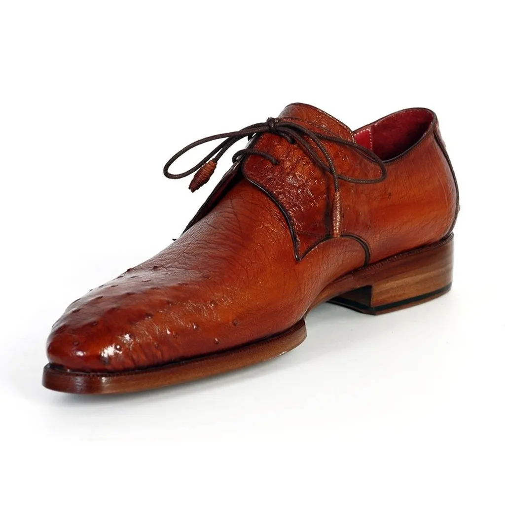 Paul Parkman Men's Tobacco Color Genuine Ostrich Leather Upper Derby Shoes (ID#33B76-TAB)