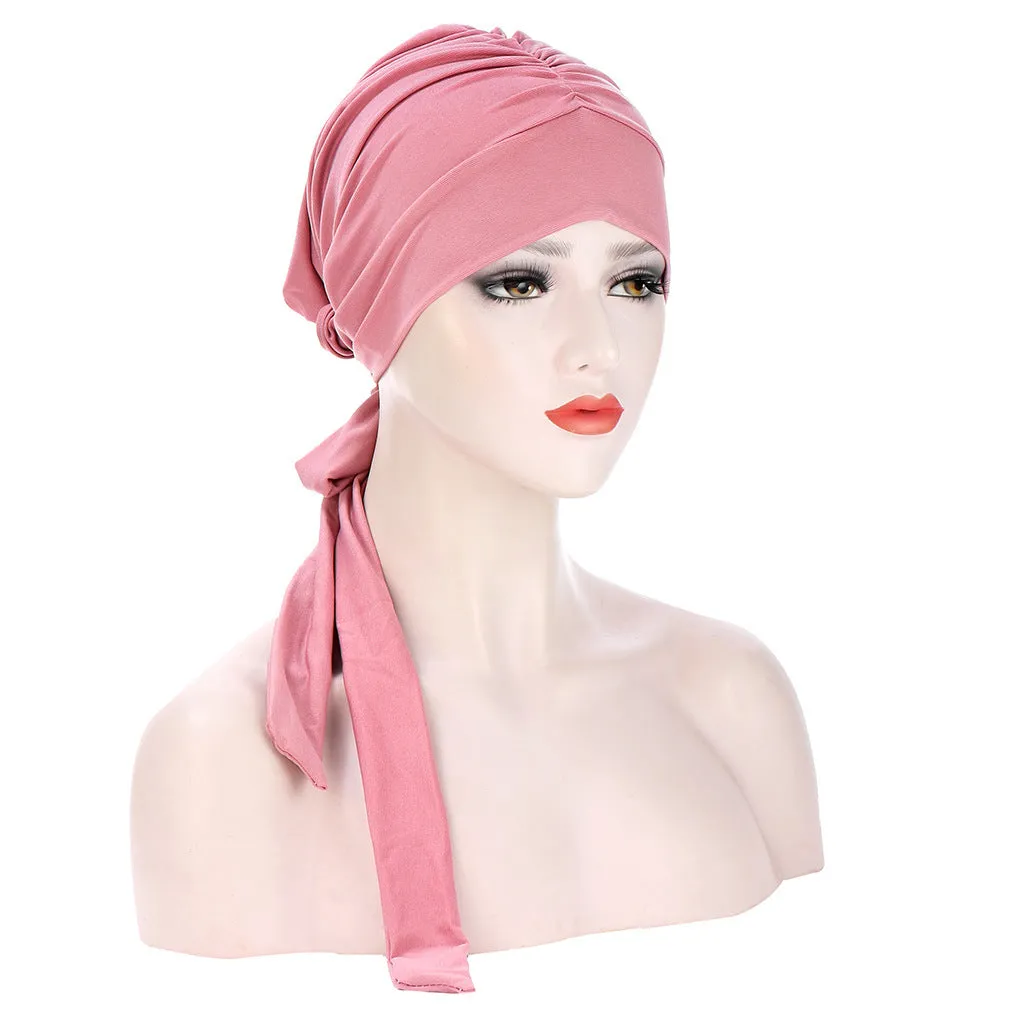 Pure Color Crystal Hemp Long Tail Bow Turban Hat