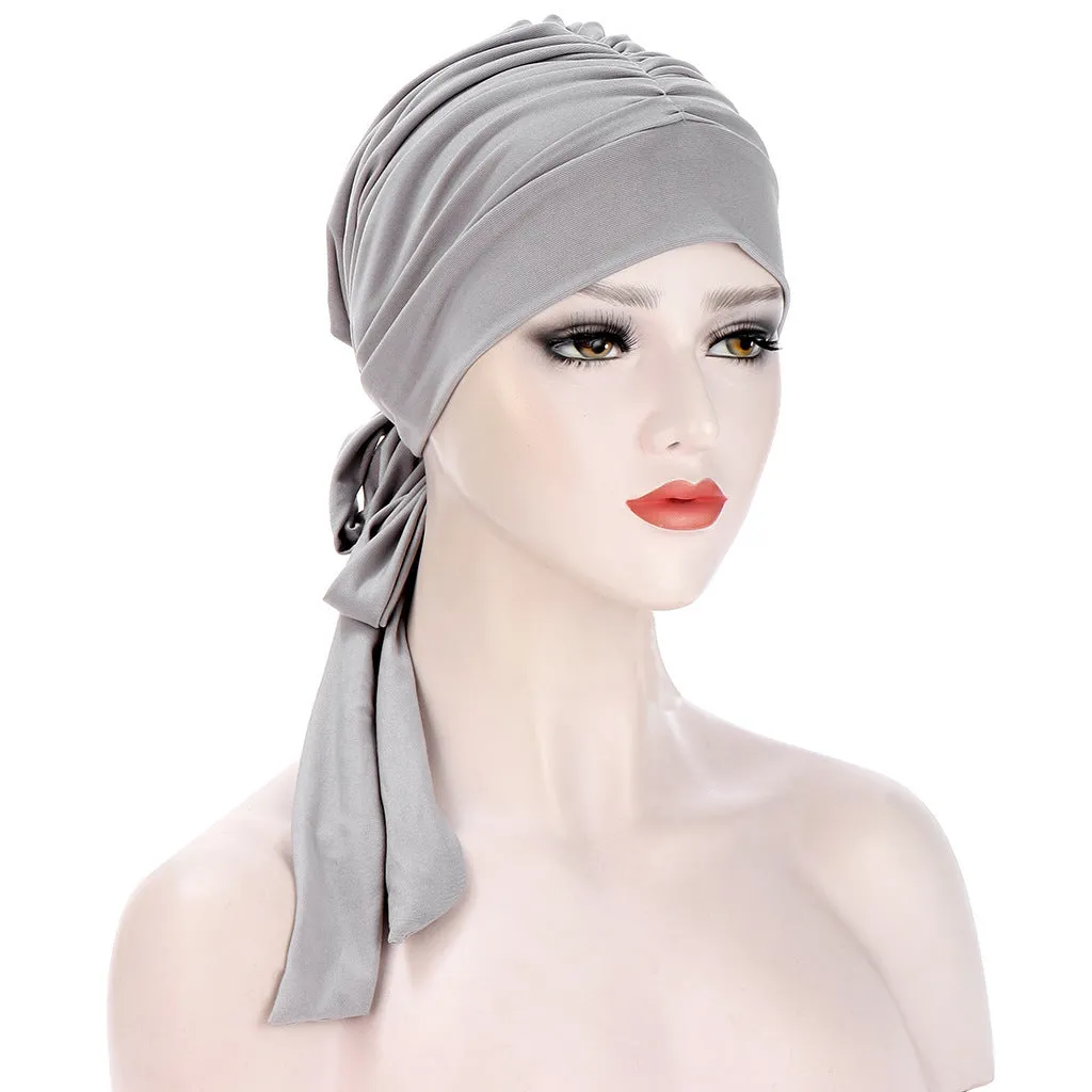 Pure Color Crystal Hemp Long Tail Bow Turban Hat