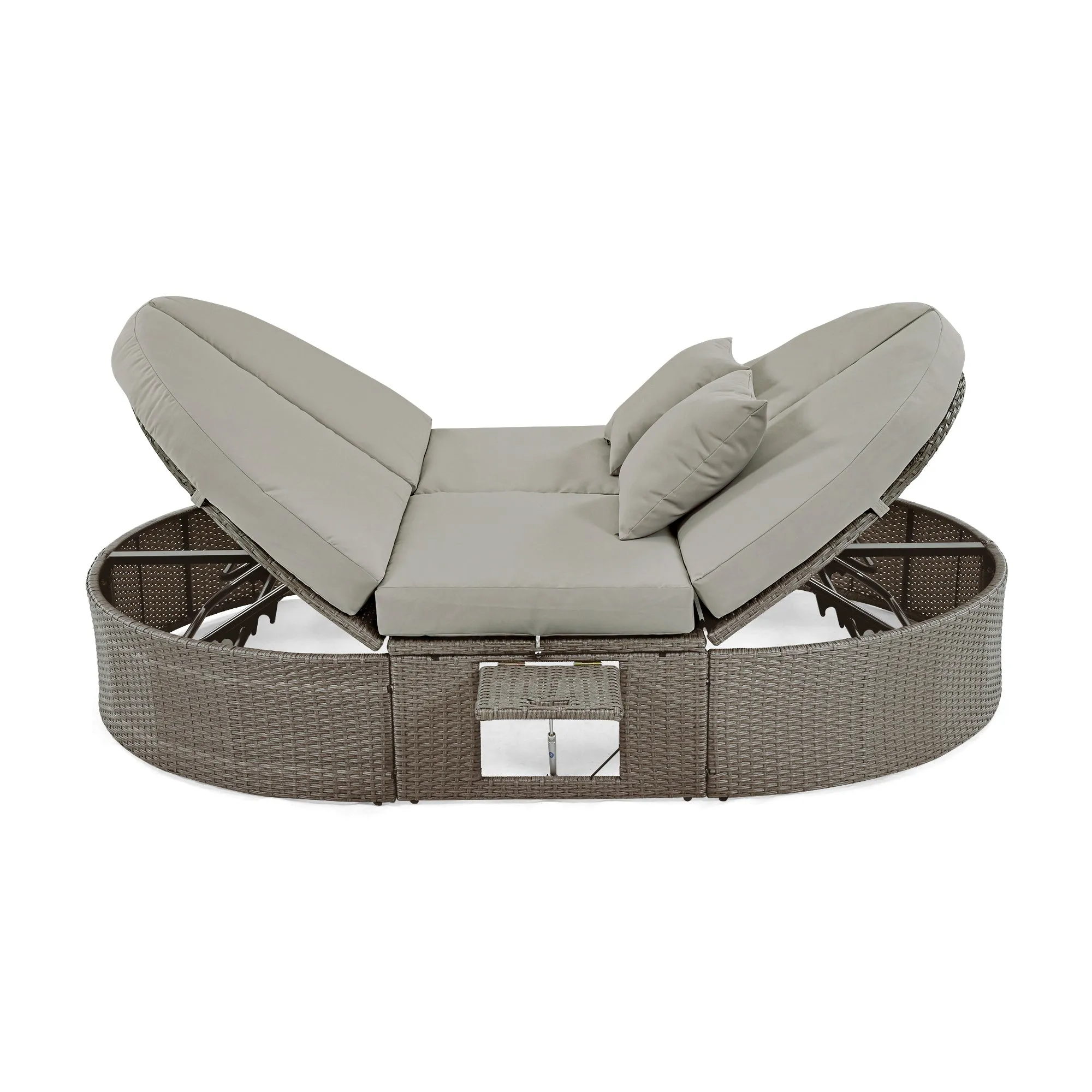 TOPMAX Outdoor Sun Bed Patio 2-Person Daybed with Cushions and Pillows, Rattan Garden Reclining Chaise Lounge with Adjustable Backrests and Foldable Cup Trays for Lawn,Poolside, Gray
