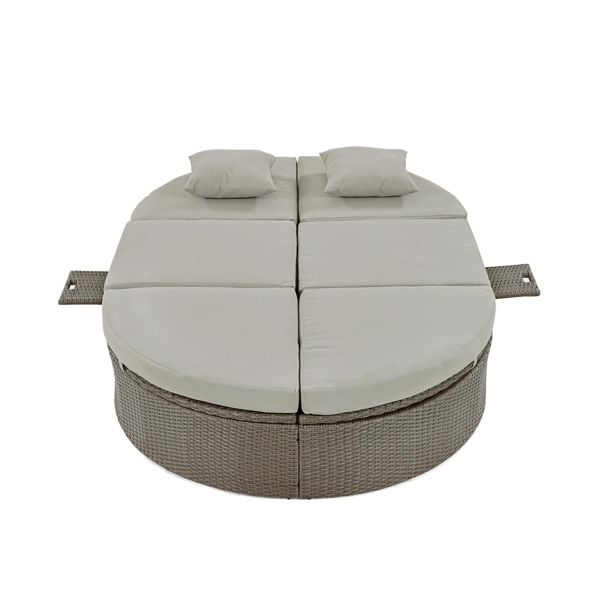 TOPMAX Outdoor Sun Bed Patio 2-Person Daybed with Cushions and Pillows, Rattan Garden Reclining Chaise Lounge with Adjustable Backrests and Foldable Cup Trays for Lawn,Poolside, Gray