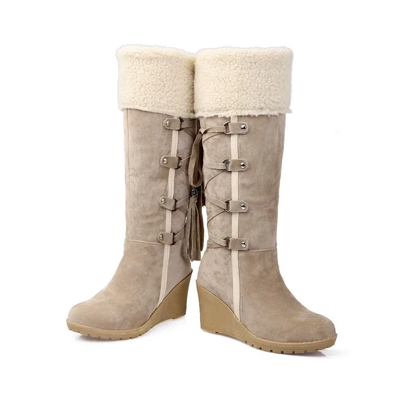 Women knee high wedge snow boots back lace plush lining warm winter boots