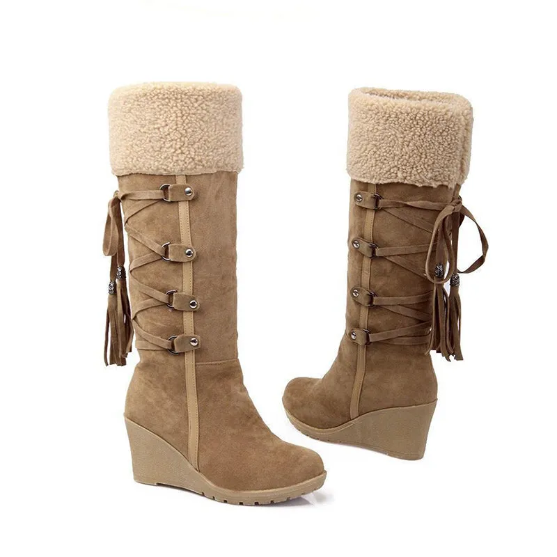 Women knee high wedge snow boots back lace plush lining warm winter boots