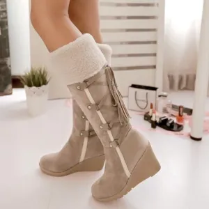 Women knee high wedge snow boots back lace plush lining warm winter boots