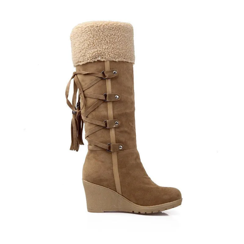 Women knee high wedge snow boots back lace plush lining warm winter boots