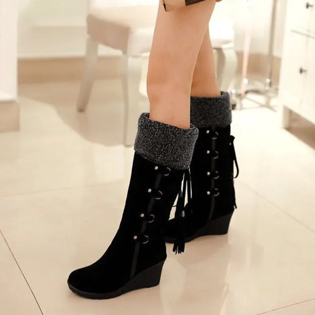 Women knee high wedge snow boots back lace plush lining warm winter boots