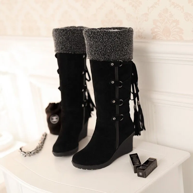 Women knee high wedge snow boots back lace plush lining warm winter boots