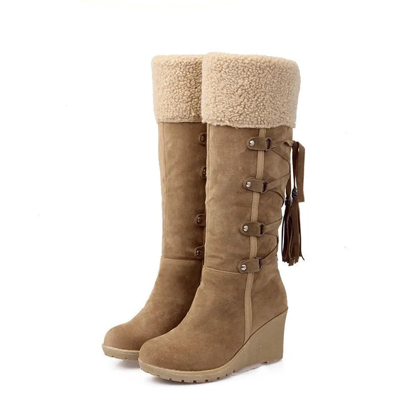 Women knee high wedge snow boots back lace plush lining warm winter boots