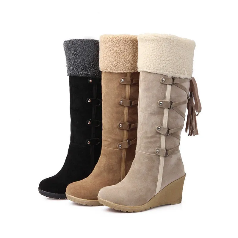 Women knee high wedge snow boots back lace plush lining warm winter boots