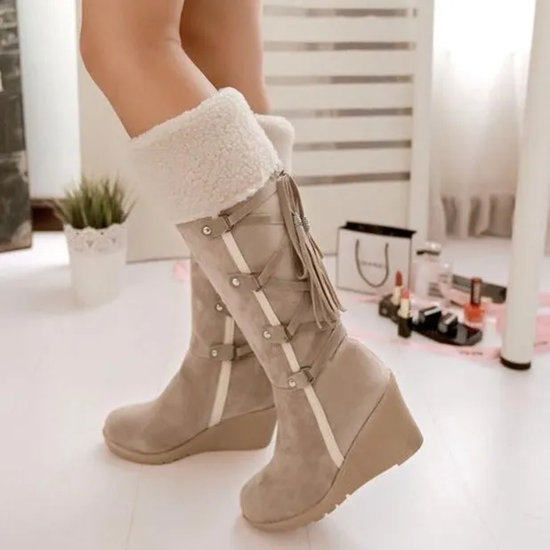 Women knee high wedge snow boots back lace plush lining warm winter boots