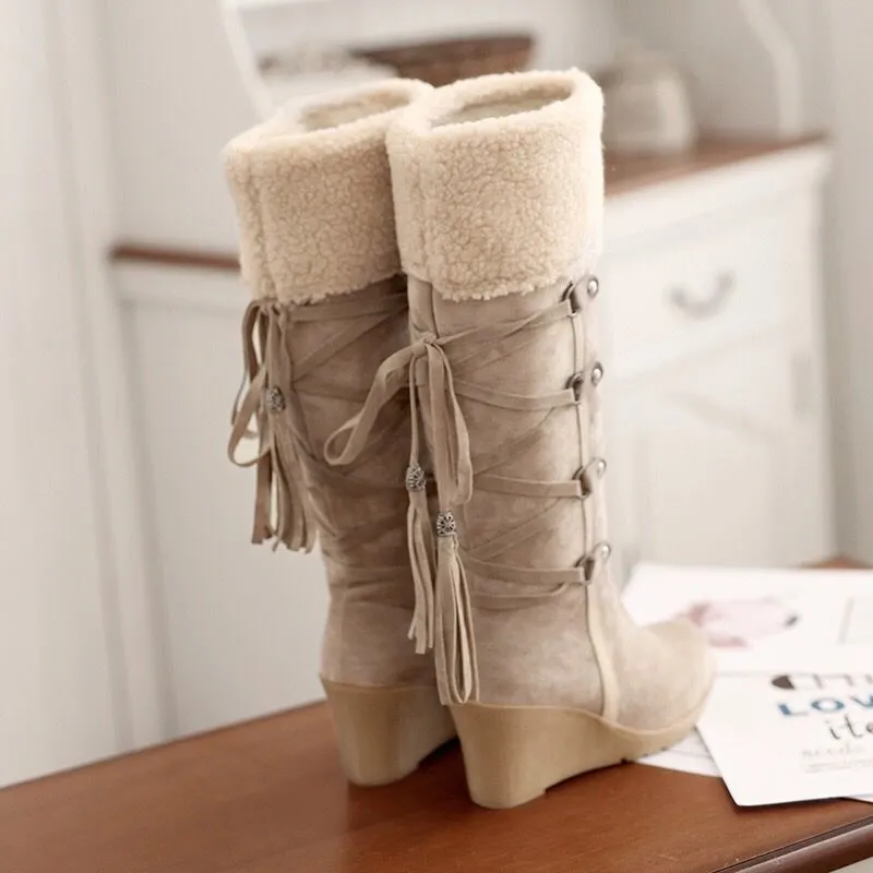 Women knee high wedge snow boots back lace plush lining warm winter boots