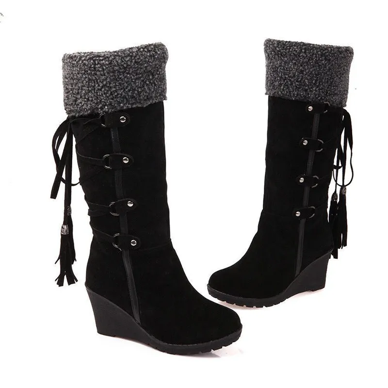 Women knee high wedge snow boots back lace plush lining warm winter boots