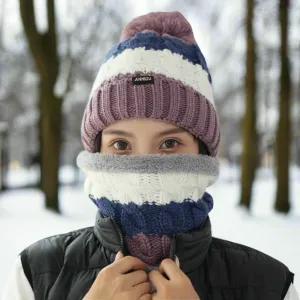 Women Knitted Hat Scarf Set Winter Warm Thicken Pom Pom Knitted Beanie Hat Fleece Lining Fashion Outdoor Cycling Windproof Knit Earmuff Cap Scarves