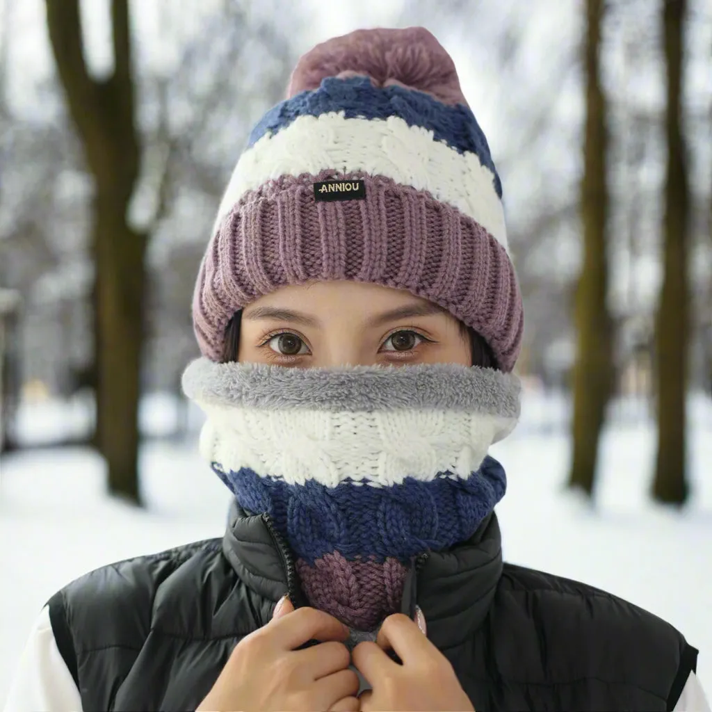 Women Knitted Hat Scarf Set Winter Warm Thicken Pom Pom Knitted Beanie Hat Fleece Lining Fashion Outdoor Cycling Windproof Knit Earmuff Cap Scarves
